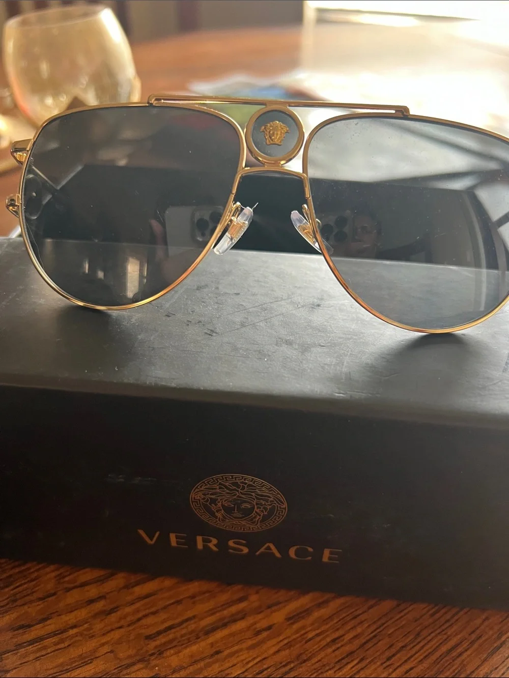 Versace Gold Metal Aviator Sunglasses with Dark Green Lenses